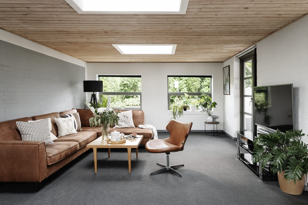 Moderne stue med VELUX ovenlysvinduer, lædersofa og indendørs planter.