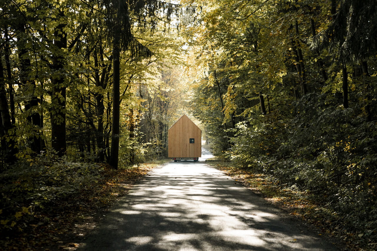 Cabana de madeira moderna num caminho florestal iluminado pelo sol, cercada por árvores