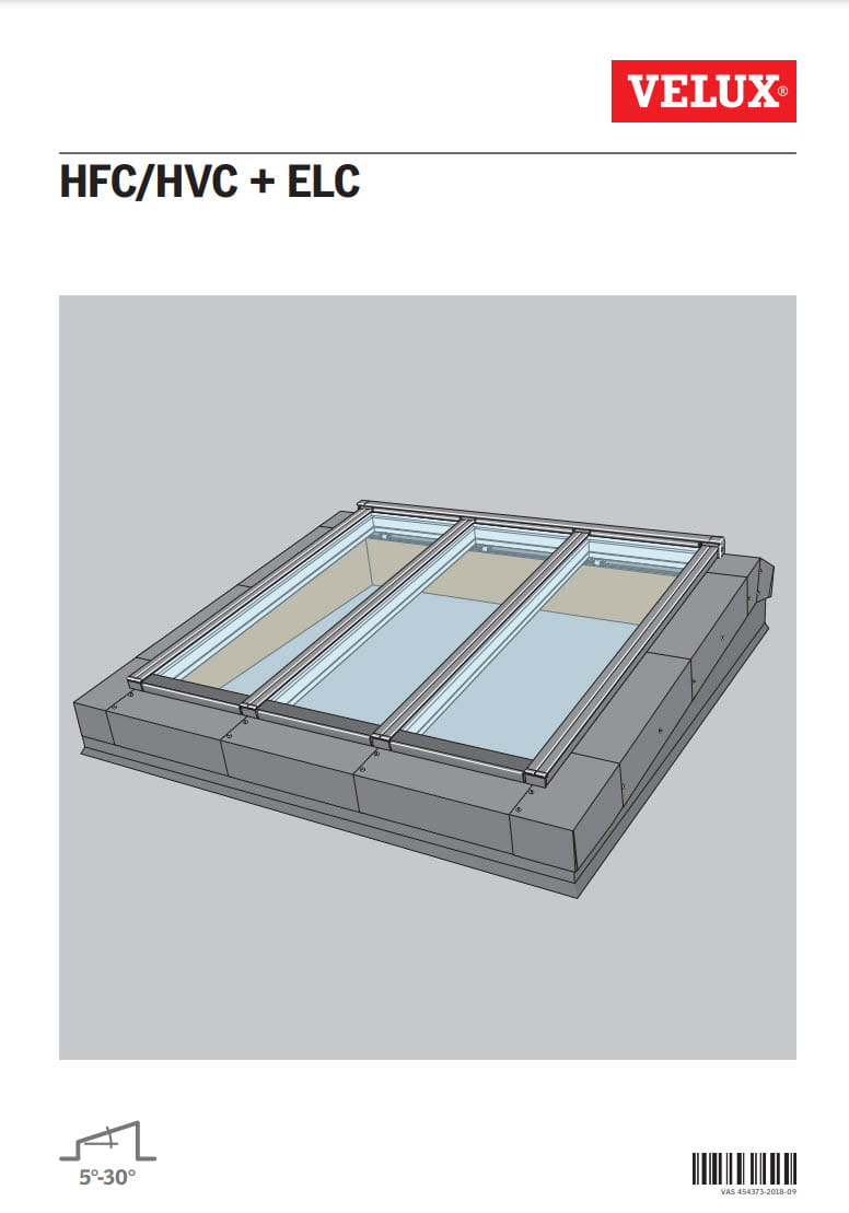 Technische Zeichnung eines VELUX Dachflächenfensters geeignet für eine Dachneigung von 5-30 Grad.