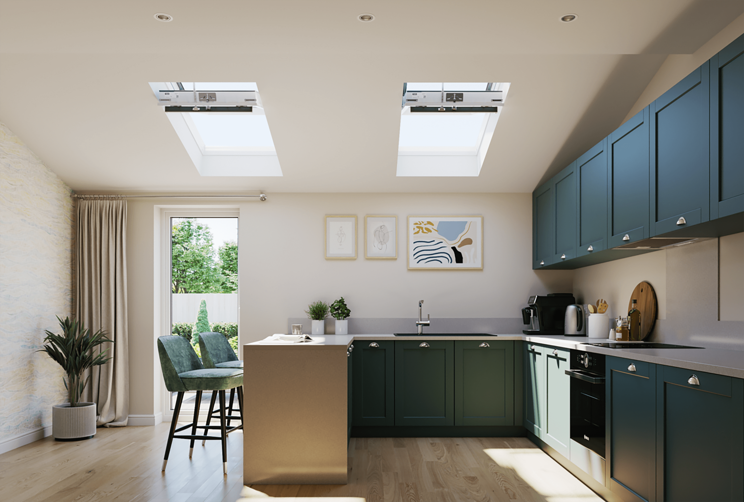Moderne Küche mit dunkelgrünen Schränken und VELUX Dachflächenfenstern, die Sonnenlicht hereinlassen.