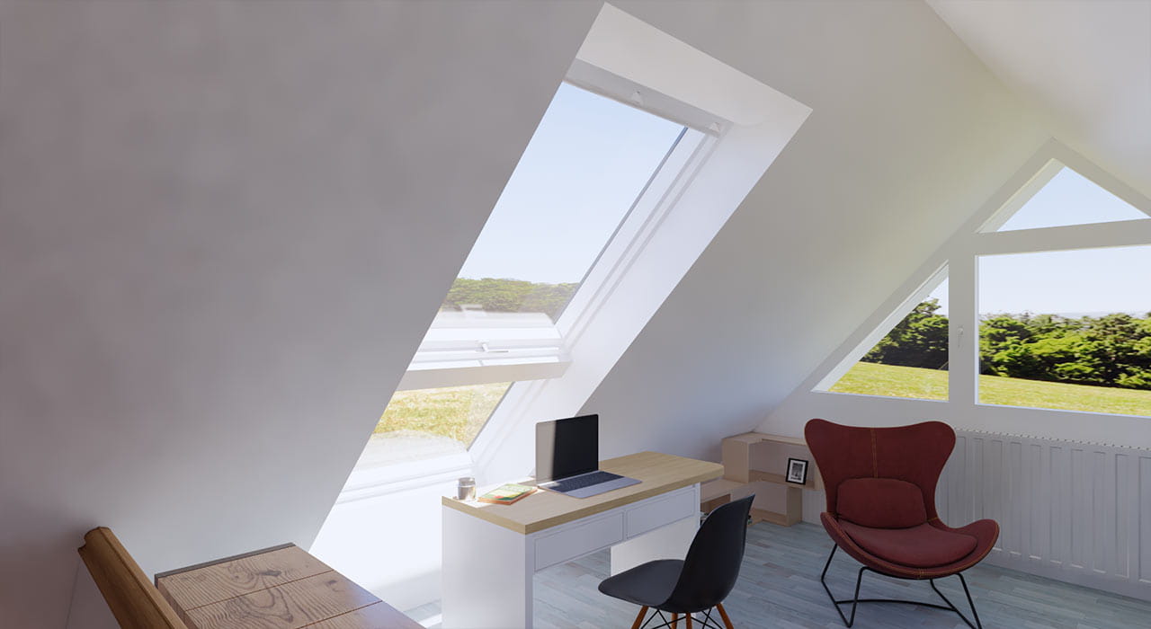 Dachboden-Homeoffice mit VELUX-Fenster und rotem Stuhl mit Blick aufs Grüne.