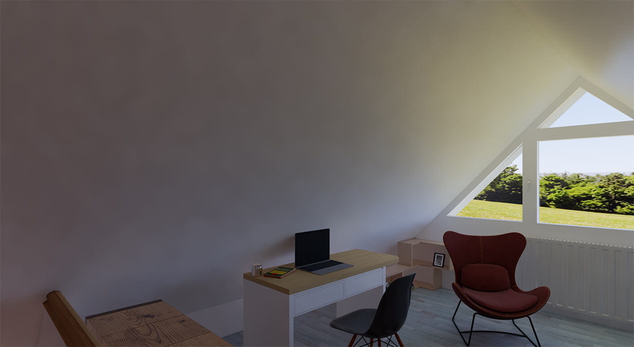 Modernes Dachboden-Homeoffice mit VELUX Dachflächenfenster und rotem Stuhl.