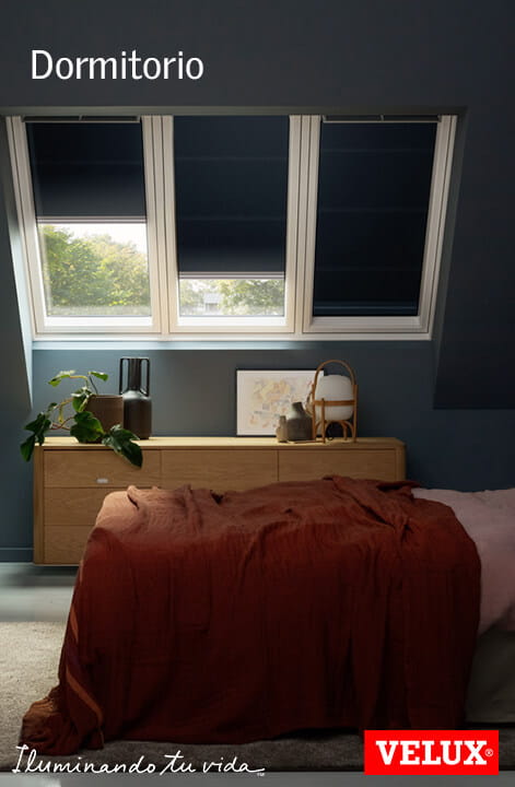 Ruhiges Schlafzimmer mit natürlichem Licht von VELUX Dachflächenfenstern, dunkelblauen Wänden und warmer Bettdecke.