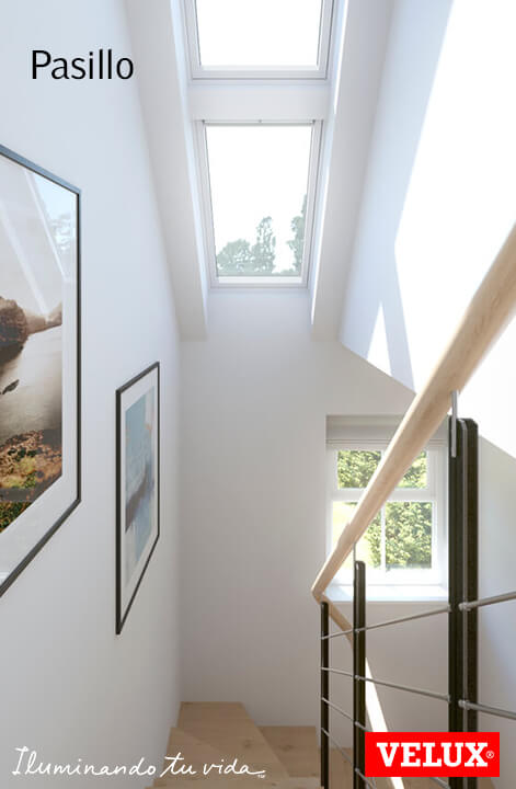 Flur mit natürlichem Licht von einem VELUX Dachflächenfenster, Bildern an der Wand und moderner Treppe.