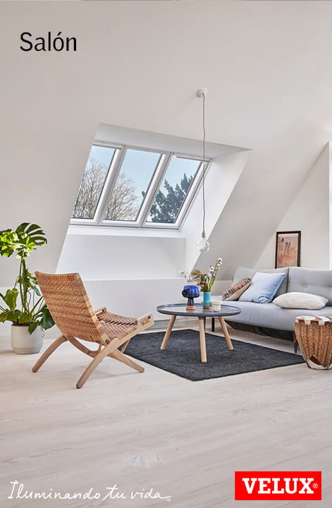 Wohnzimmer im Dachboden mit natürlichem Licht von VELUX Dachflächenfenstern, eingerichtet mit Sofa und Pflanzen.