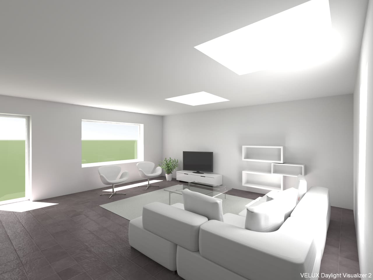 Modernes Wohnzimmer mit weißen Möbeln und natürlichem Licht von VELUX Dachflächenfenstern.