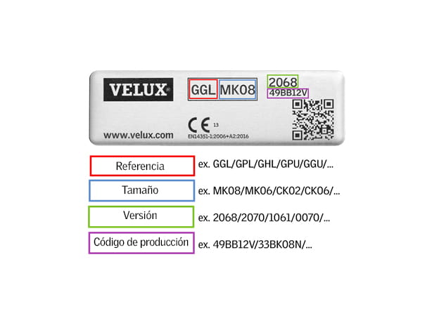 VELUX Fenster-ID-Platte mit Modell-, Größen-, Versions- und Produktionscodeangaben.