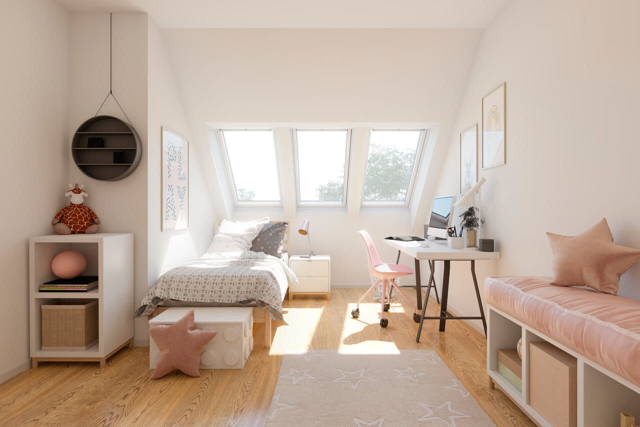 Jugendzimmer mit Bett, Schreibtisch und VELUX Dachflächenfenstern, die für natürliches Licht sorgen.