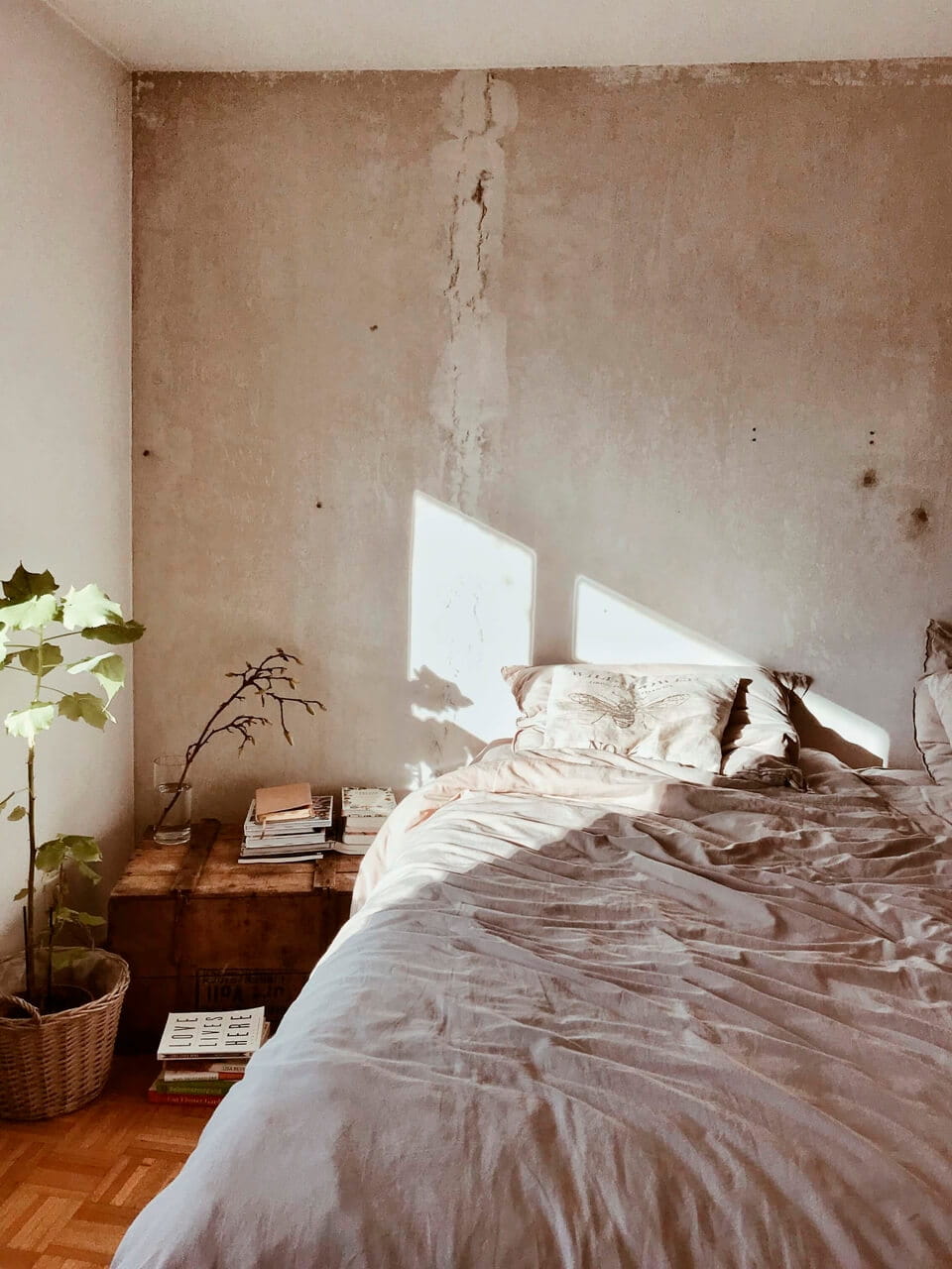 Gemütliches Schlafzimmer mit Sonnenlicht durch VELUX-Fenster, kuscheligem Bett, Büchern und Pflanze.