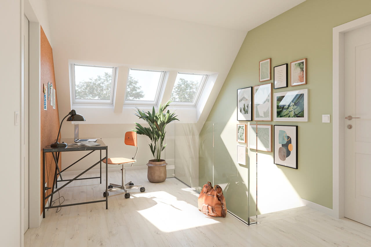 Zolder thuiskantoor met VELUX ramen, minimalistisch bureau en groene muur.
