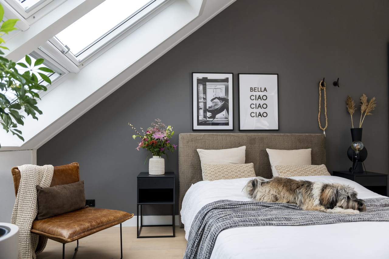 Sovrum på vinden med VELUX-fönster, modern inredning och en sovande hund på sängen.