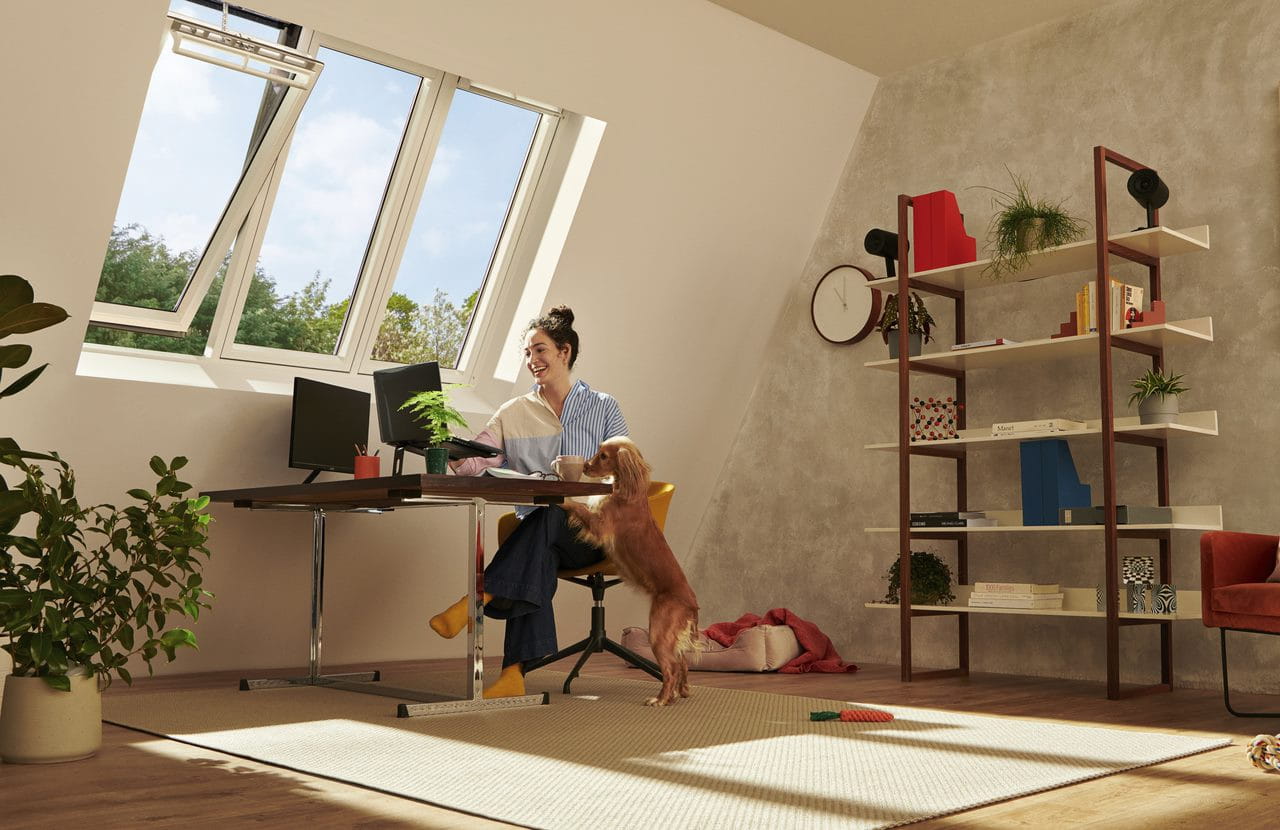 Bright home office with VELUX roof windows, plants, modern furniture, and a dog.