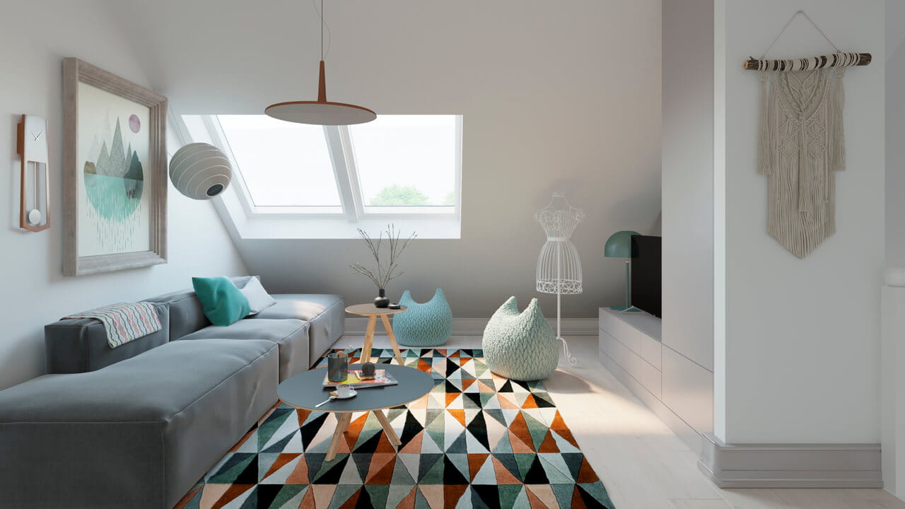Moderne zolder woonkamer met VELUX raam, grijze sofa, geometrisch tapijt en artistieke decoratie.
