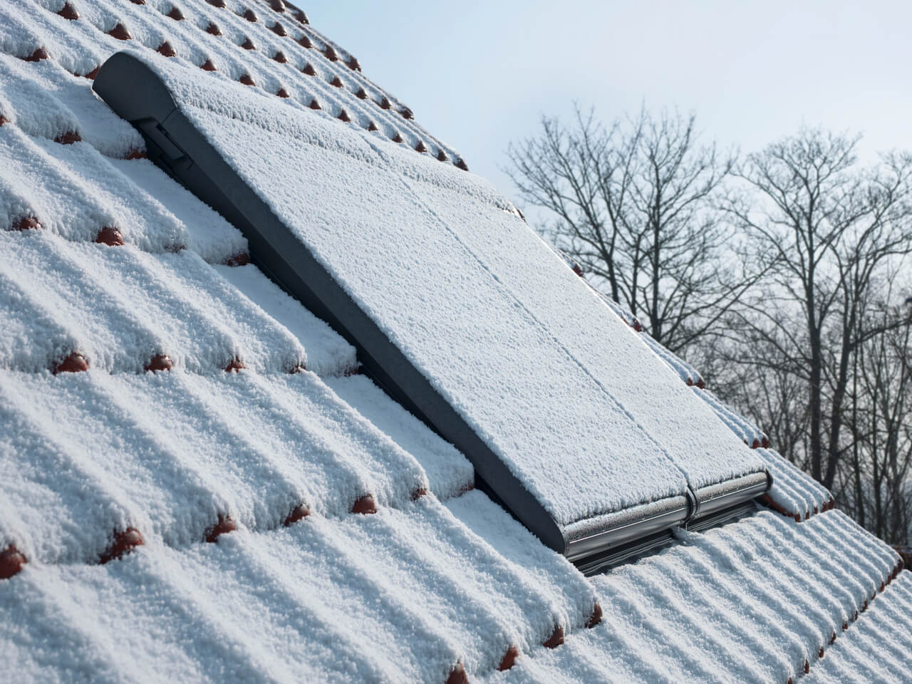 Primer plano de una ventana de tejado VELUX en un tejado cargado de nieve con árboles desnudos al fondo.