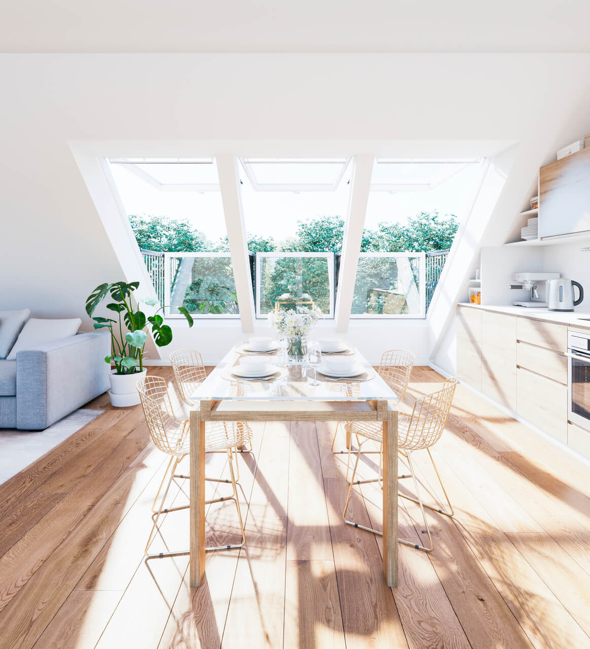 Modern dining room with natural light from VELUX roof windows, wooden floor, and contemporary setup.