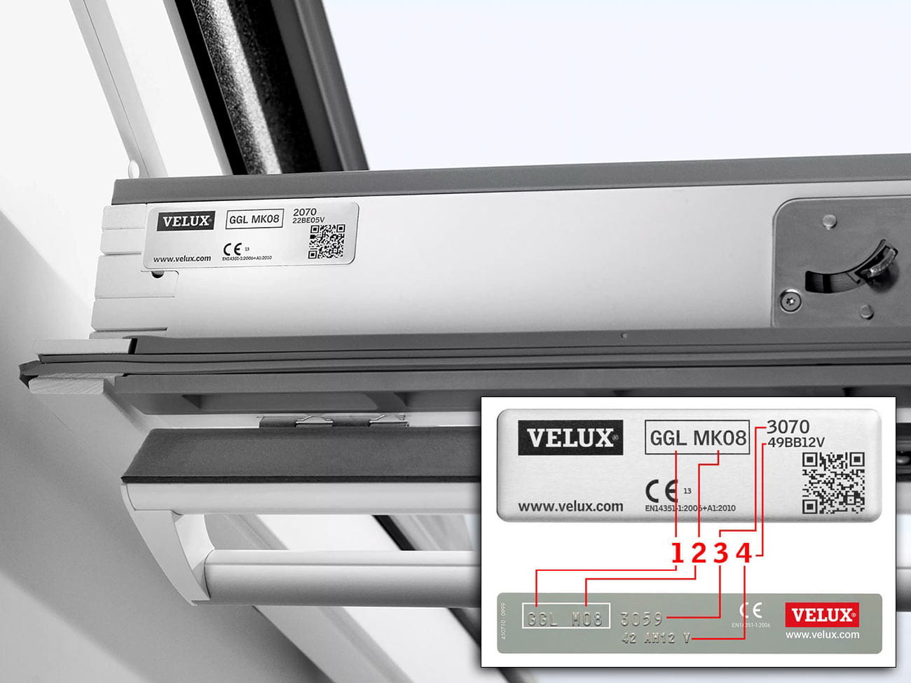 Nahaufnahme eines VELUX Dachflächenfenster-Etiketts mit der Modellnummer GGL MK08 und QR-Code.