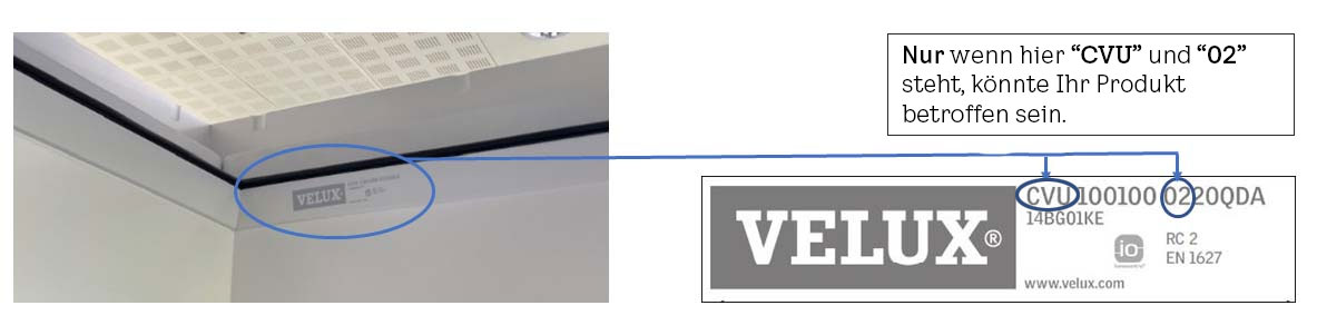 Nahaufnahme des Typenschilds eines VELUX Dachflächenfensters mit Seriennummern für den Produktsupport.