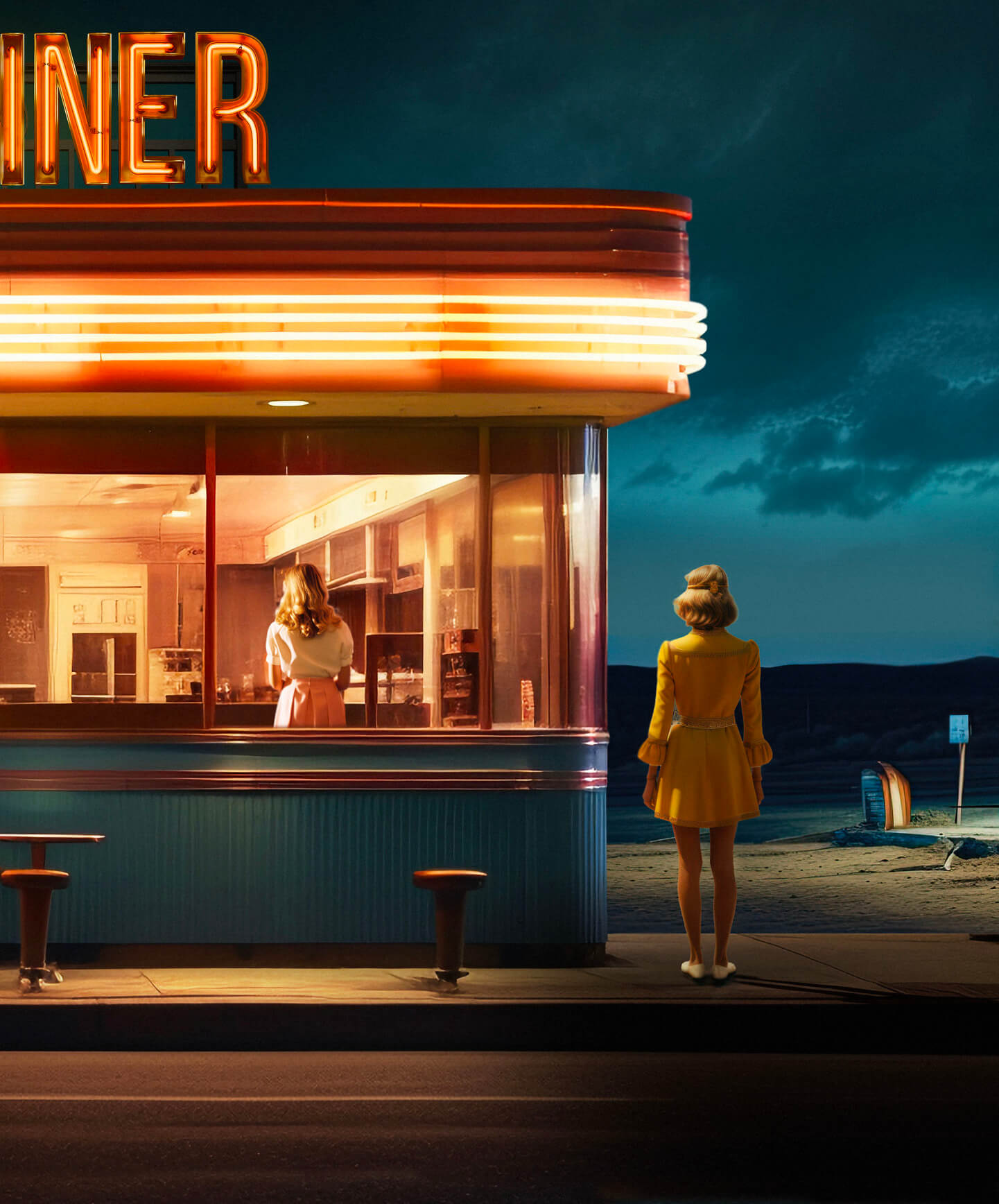 Dämmerung in einem Retro-Diner mit Neonlichtern und einer Frau in Gelb, die beobachtet.