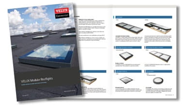 VELUX Commercial Broschüre mit Modular Skylights Produktauswahl und Einbau Details.