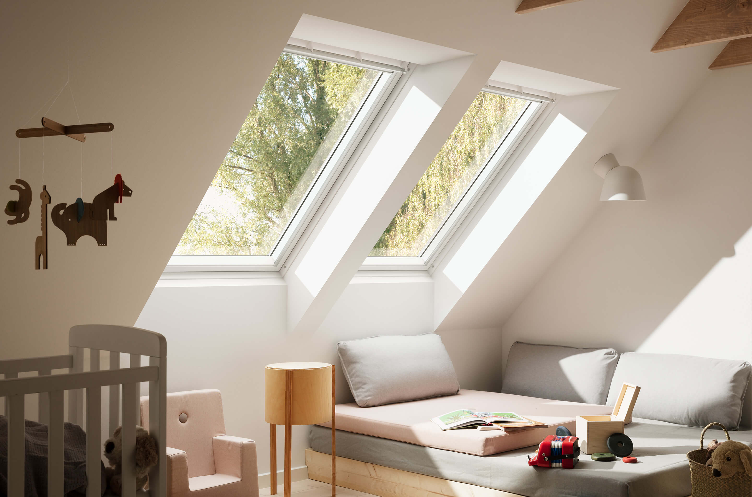VELUX side-by-side window solution with two roof windows in a child's bedroom