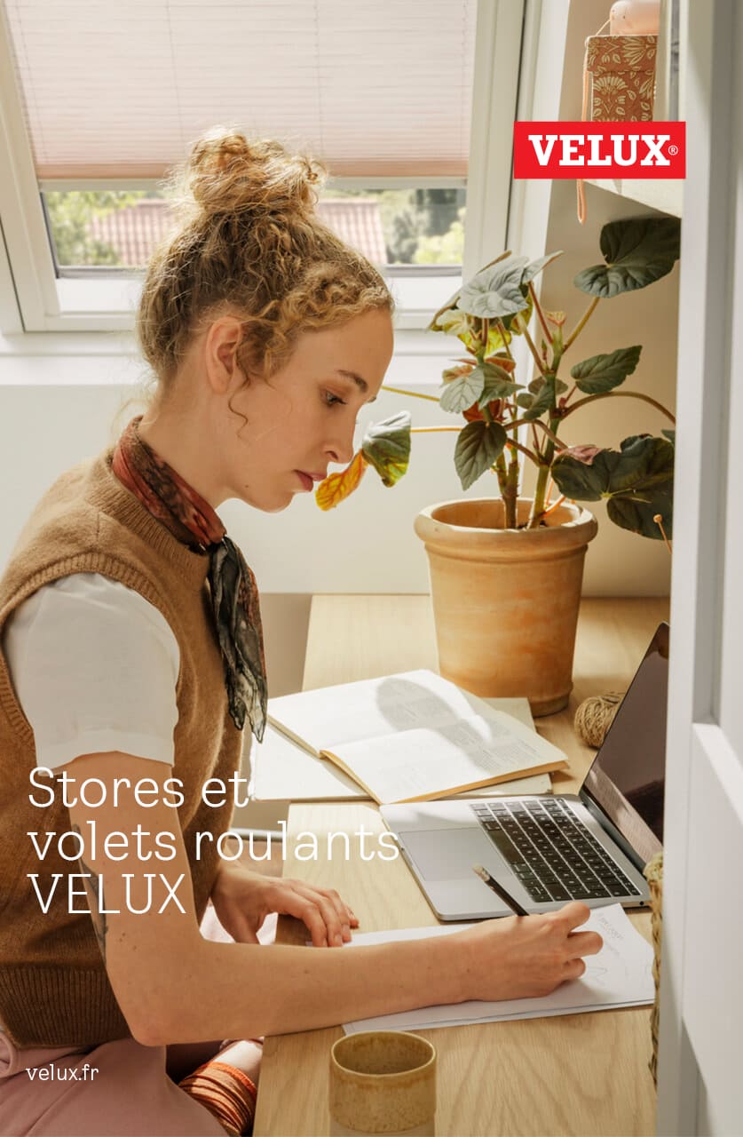 Homeoffice mit VELUX-Fenster und lichtstreuender Jalousie, Pflanzen und einer Person, die an einem Laptop arbeitet.