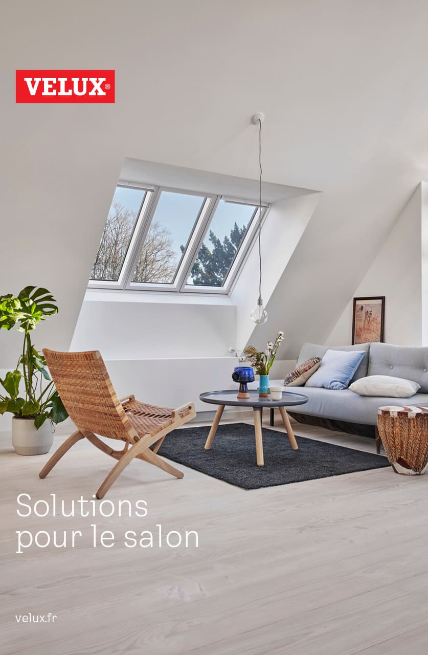 Modernes Wohnzimmer mit natürlichem Licht von VELUX Dachflächenfenstern, gemütlichen Möbeln und Zimmerpflanzen.
