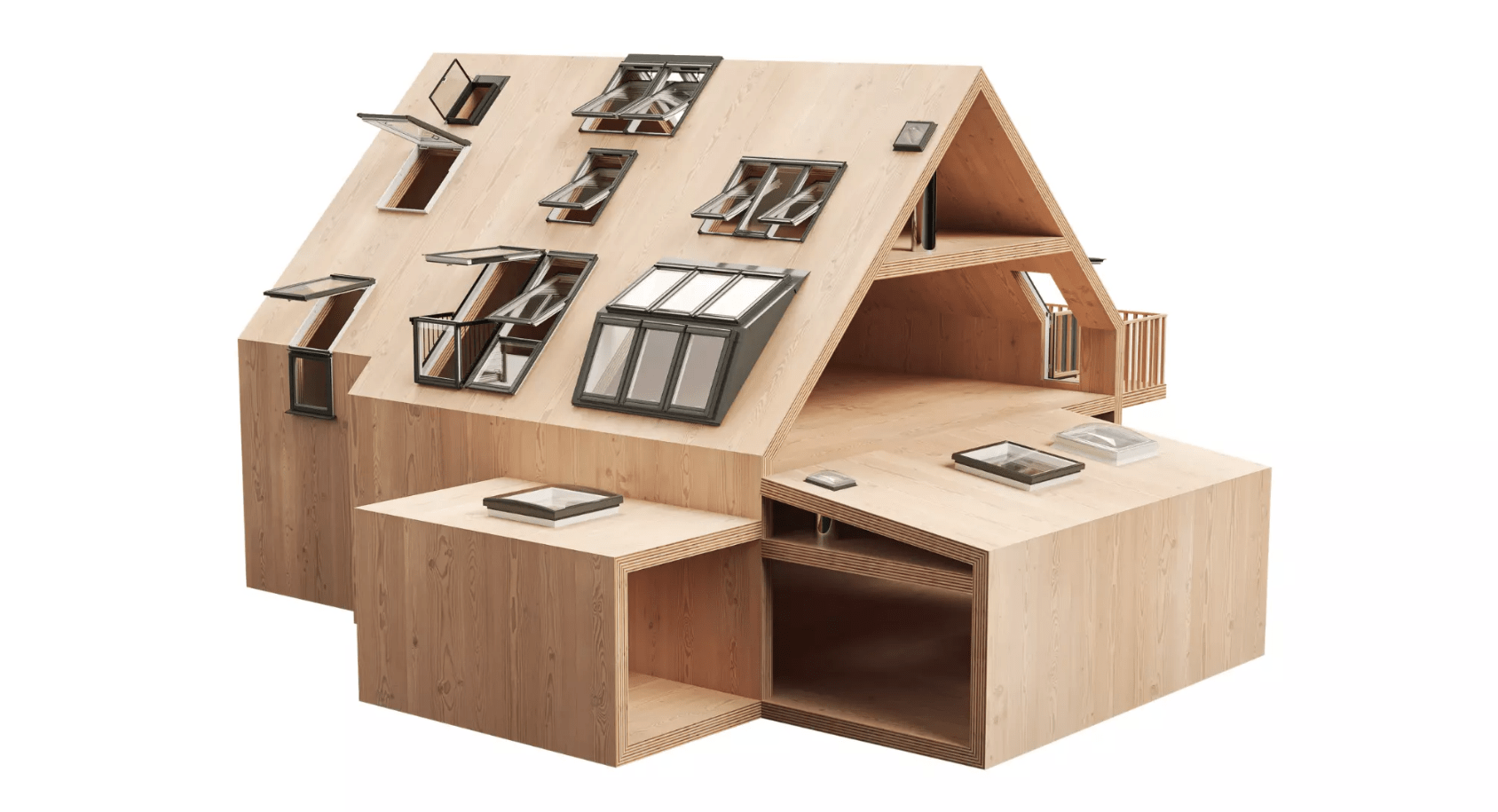 Bauplan eines modernen Hauses mit VELUX Dachflächenfenstern und detailliertem Grundriss.