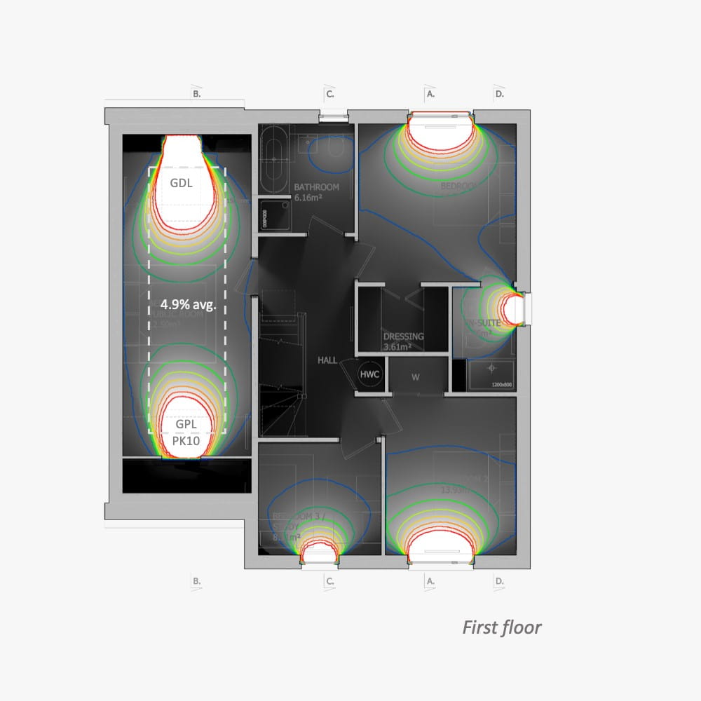 Grundriss des ersten Stocks mit VELUX-Fenstern, die das Licht im Badezimmer, Schlafzimmer und im dazugehörigen Bad verbessern.
