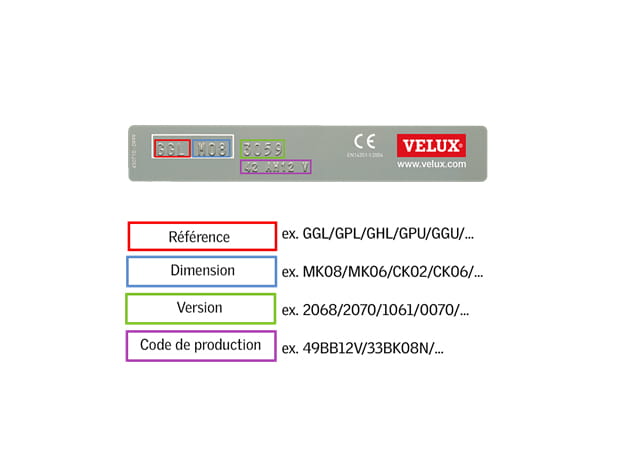 Farbcodierte VELUX Fenster-ID-Plakette mit Referenz, Abmessung, Version und Produktionscode-Details.