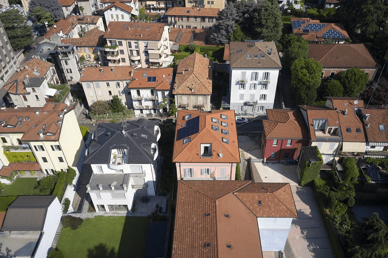 Beatrice & Filippo reroofing project Kitchen-Como Italy-aerial view of roof with roof windows