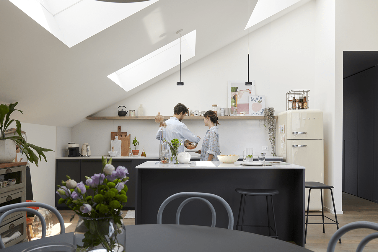 Beatrice & Filippo reroofing project Kitchen-Como Italy-couple in kitchen